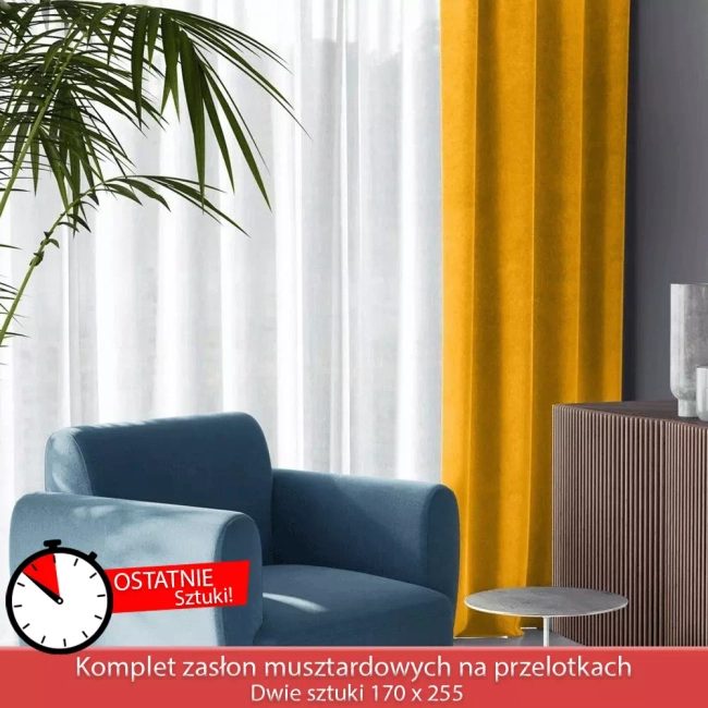 Zasłony musztardowe na przelotkach Welur - 2 sztuki 170x255 do zasłaniania (cena za komplet)